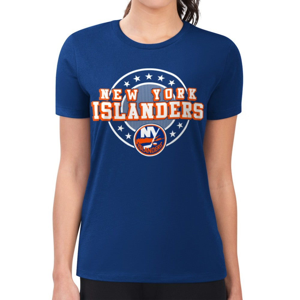 NHL Royal New York Islanders G-III 4Her by Carl Banks Women's Super-Slim Lightweight Pinstripe Circle Graphic T-Shirt