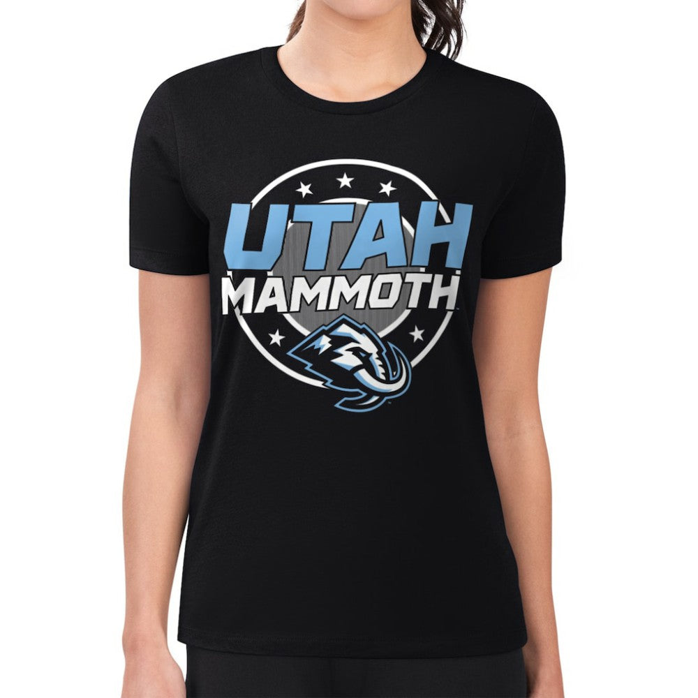 NHL Black Utah Mammoth G-III 4Her by Carl Banks Women's Super-Slim Lightweight Pinstripe Circle Graphic T-Shirt
