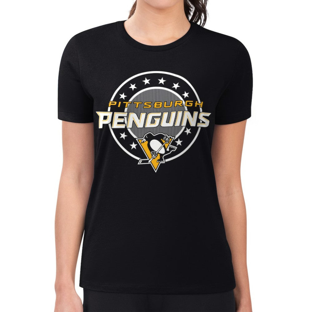 NHL Black Pittsburgh Penguins G-III 4Her by Carl Banks Women's Super-Slim Lightweight Pinstripe Circle Graphic T-Shirt