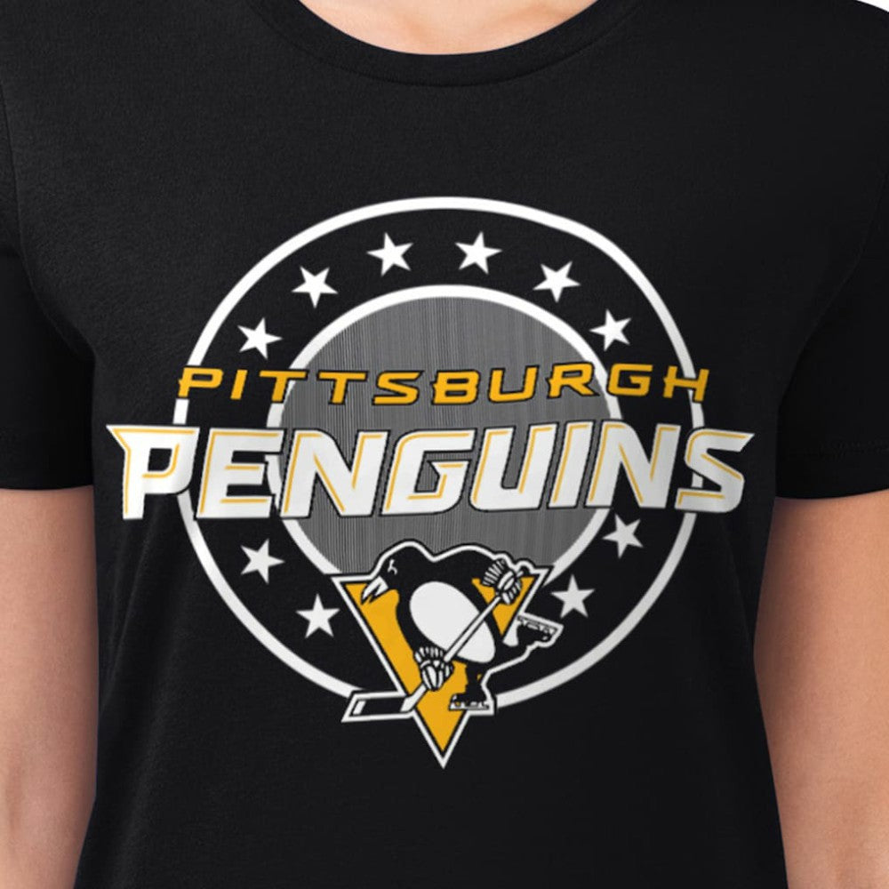 NHL Black Pittsburgh Penguins G-III 4Her by Carl Banks Women's Super-Slim Lightweight Pinstripe Circle Graphic T-Shirt