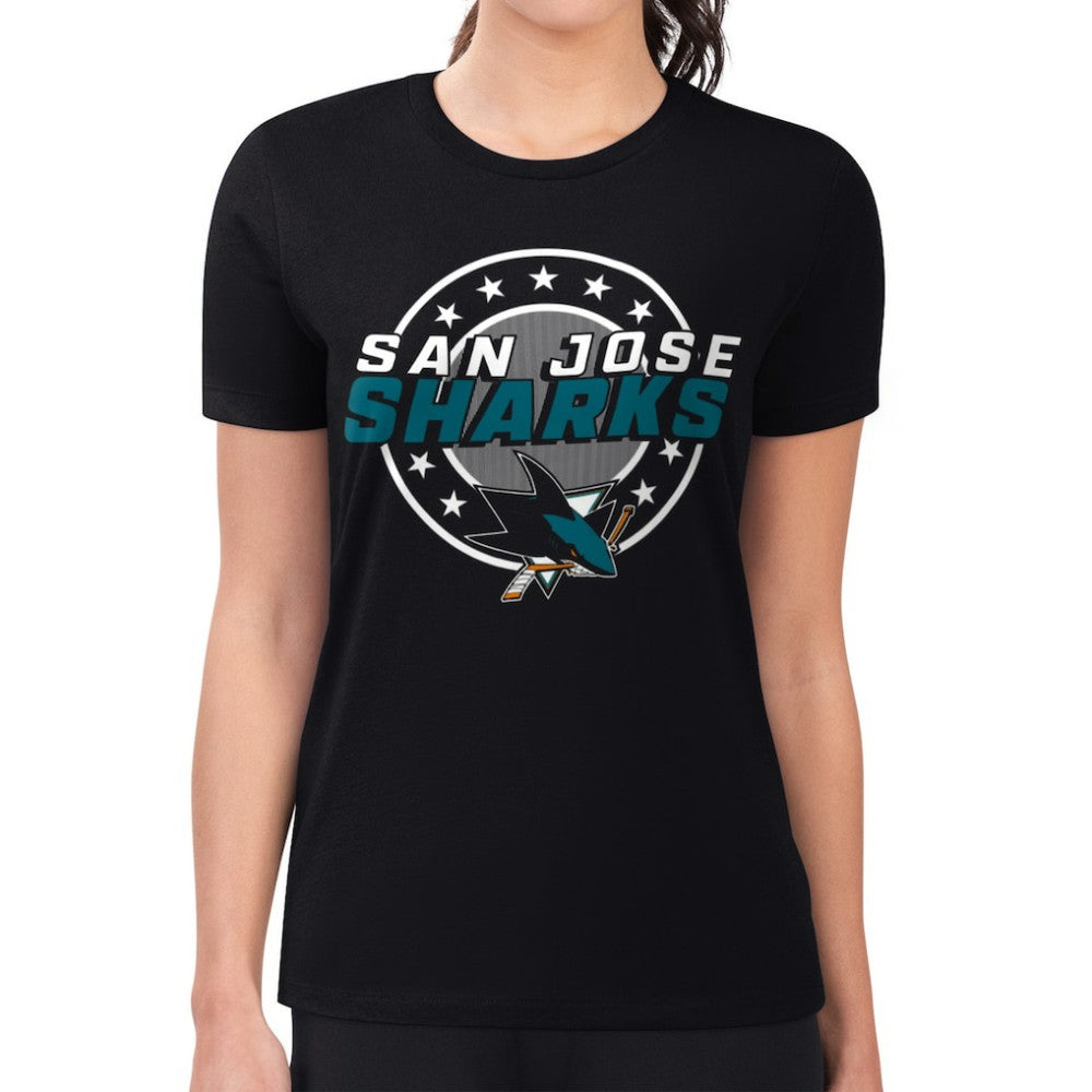 NHL Black San Jose Sharks G-III 4Her by Carl Banks Women's Super-Slim Lightweight Pinstripe Circle Graphic T-Shirt