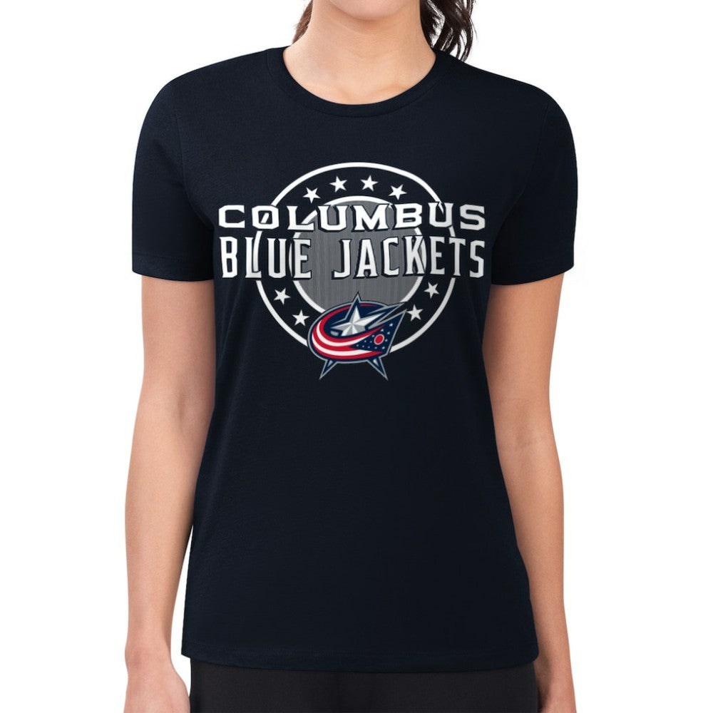 NHL Navy Columbus Blue Jackets G-III 4Her by Carl Banks Women's Super-Slim Lightweight Pinstripe Circle Graphic T-Shirt