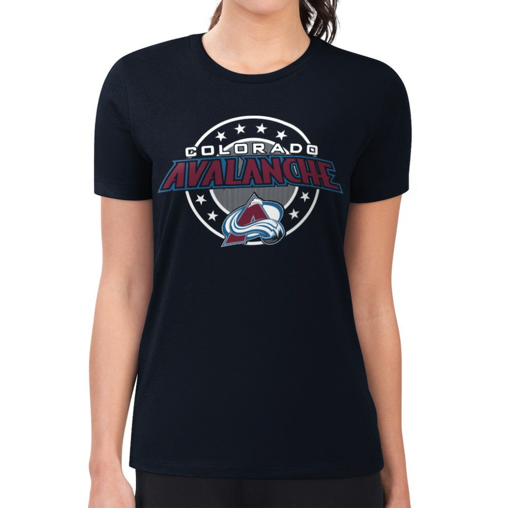 NHL Navy Colorado Avalanche G-III 4Her by Carl Banks Women's Super-Slim Lightweight Pinstripe Circle Graphic T-Shirt