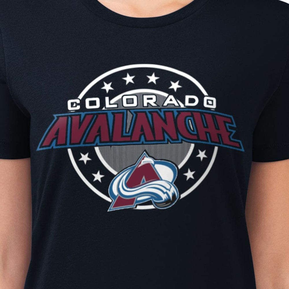 NHL Navy Colorado Avalanche G-III 4Her by Carl Banks Women's Super-Slim Lightweight Pinstripe Circle Graphic T-Shirt