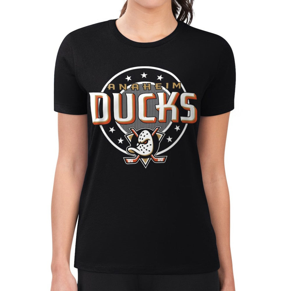 NHL Black Anaheim Ducks G-III 4Her by Carl Banks Women's Super-Slim Lightweight Pinstripe Circle Graphic T-Shirt