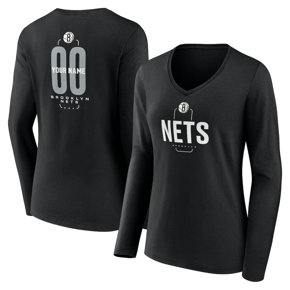 NBA Brooklyn Nets Women's Center Court Name & Number Custom Long Sleeve V-Neck T-Shirt