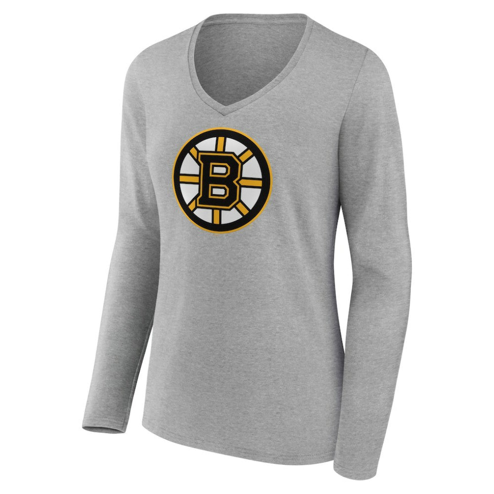 NHL Gray Boston Bruins Women's Primary Logo Long Sleeve V-Neck T-Shirt