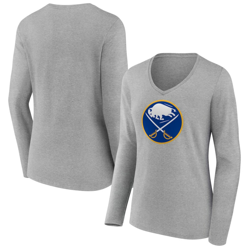 NHL Gray Buffalo Sabres Women's Primary Logo Long Sleeve V-Neck T-Shirt