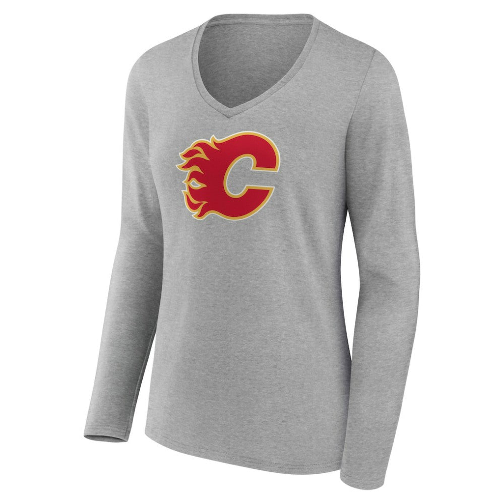 NHL Gray Calgary Flames Women's Primary Logo Long Sleeve V-Neck T-Shirt