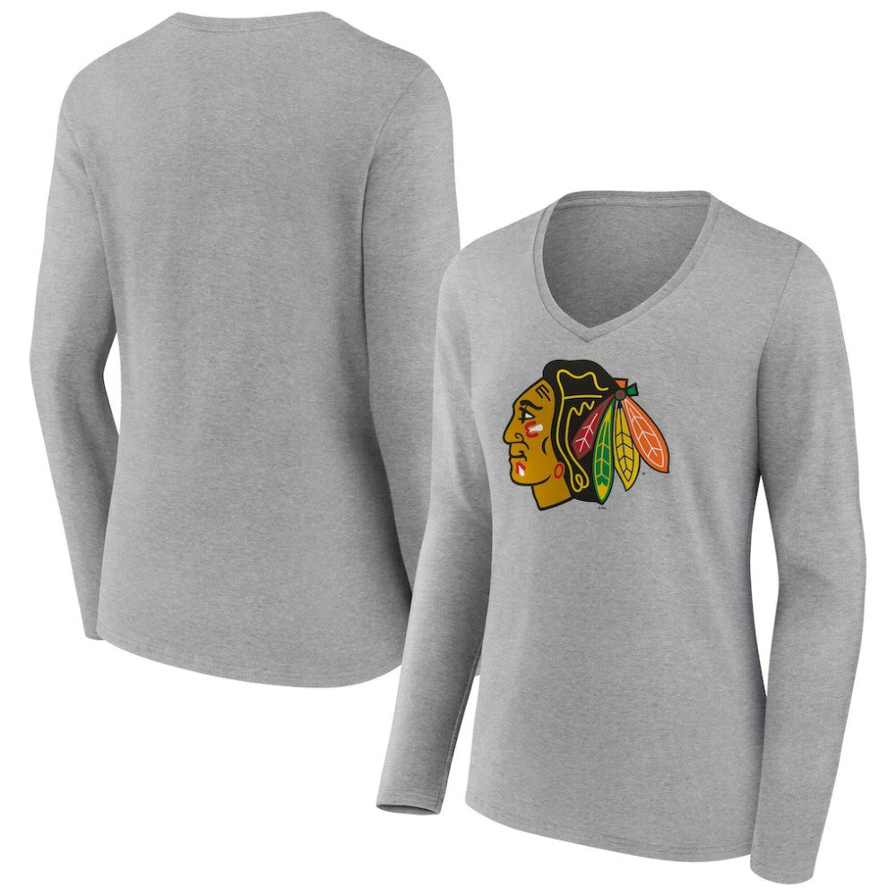 NHL Gray Chicago Blackhawks Women's Primary Logo Long Sleeve V-Neck T-Shirt
