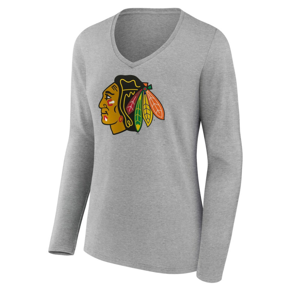 NHL Gray Chicago Blackhawks Women's Primary Logo Long Sleeve V-Neck T-Shirt
