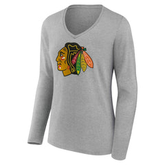 NHL Gray Chicago Blackhawks Women's Primary Logo Long Sleeve V-Neck T-Shirt