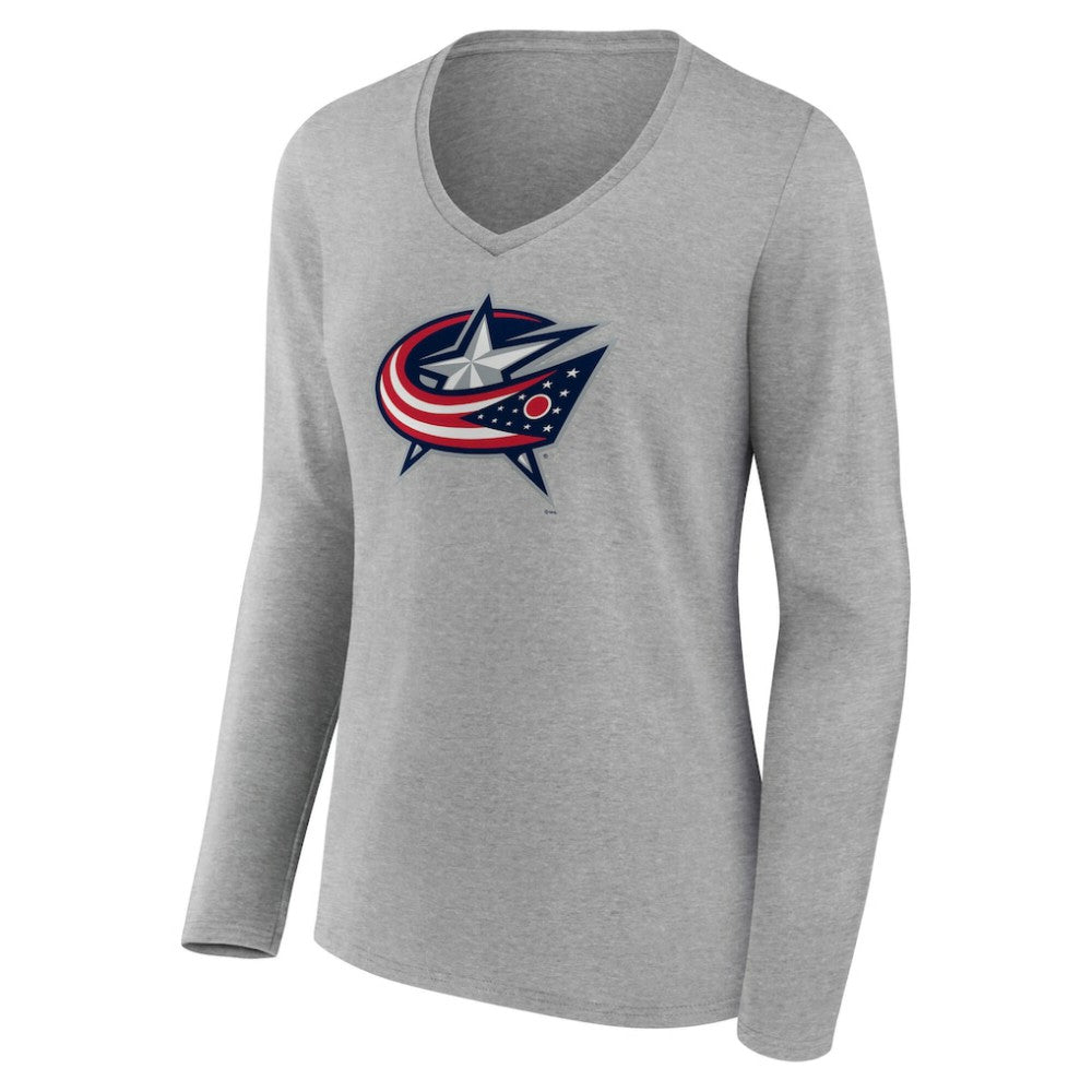 NHL Gray Columbus Blue Jackets Women's Primary Logo Long Sleeve V-Neck T-Shirt