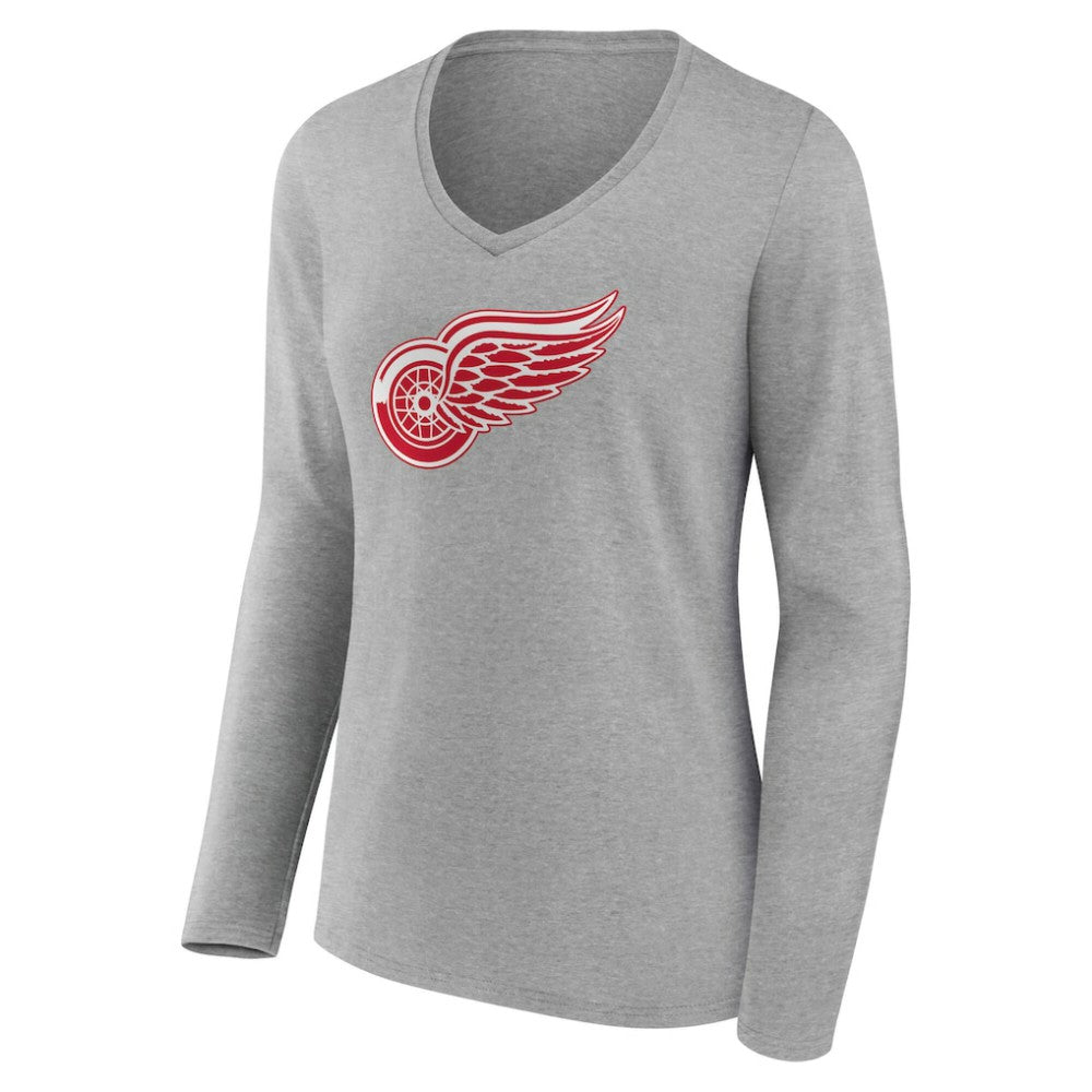 NHL Gray Detroit Red Wings Women's Primary Logo Long Sleeve V-Neck T-Shirt