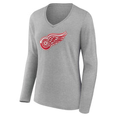 NHL Gray Detroit Red Wings Women's Primary Logo Long Sleeve V-Neck T-Shirt