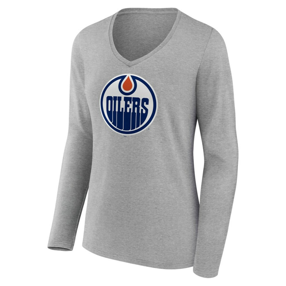 NHL Gray Edmonton Oilers Women's Primary Logo Long Sleeve V-Neck T-Shirt