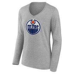 NHL Gray Edmonton Oilers Women's Primary Logo Long Sleeve V-Neck T-Shirt