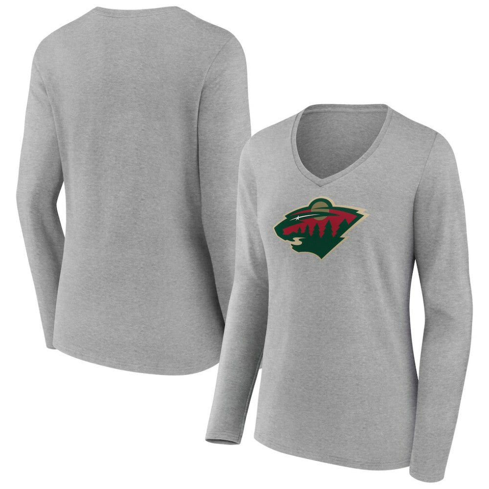 NHL Gray Minnesota Wild Women's Primary Logo Long Sleeve V-Neck T-Shirt