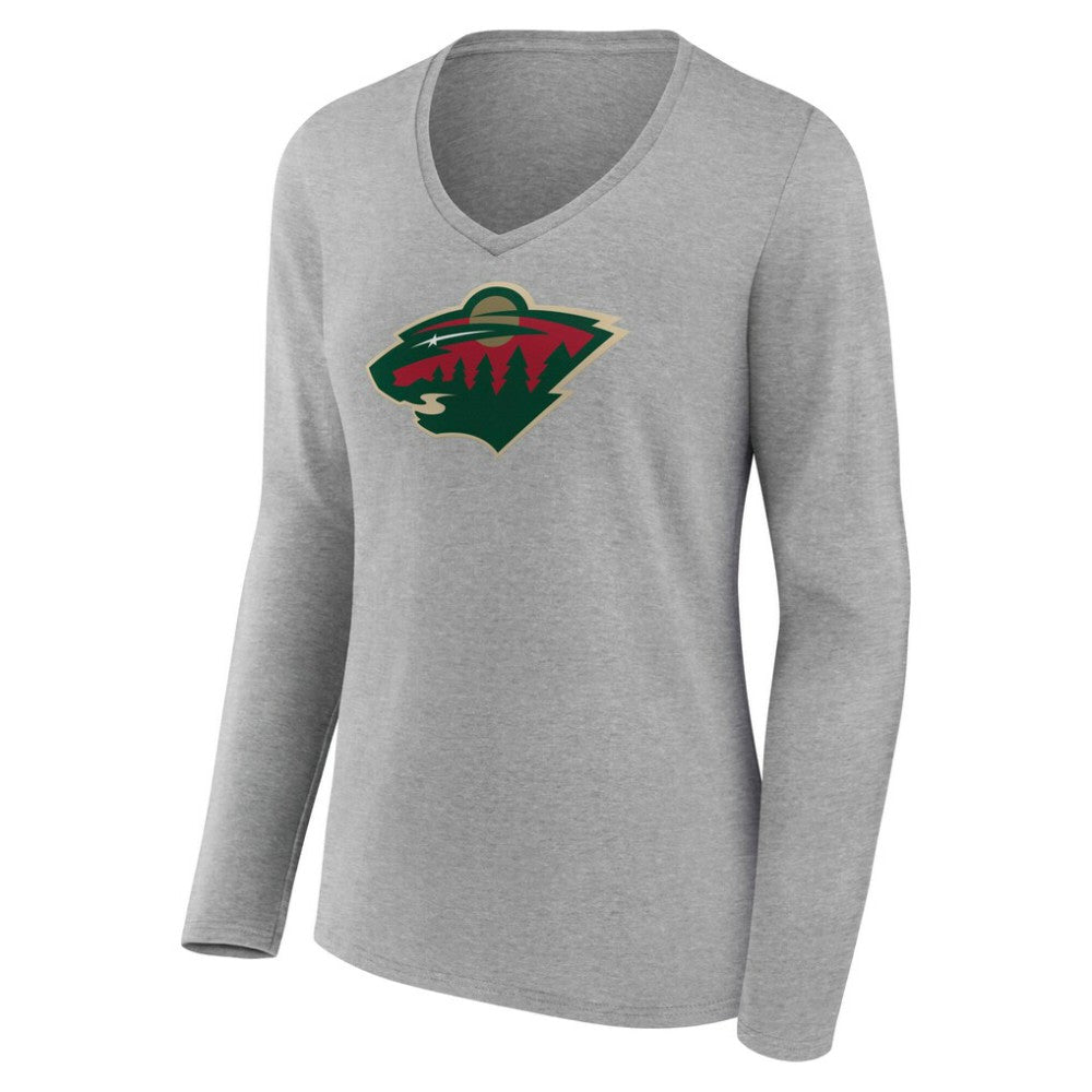 NHL Gray Minnesota Wild Women's Primary Logo Long Sleeve V-Neck T-Shirt