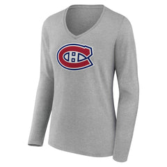 NHL Gray Montreal Canadiens Women's Primary Logo Long Sleeve V-Neck T-Shirt
