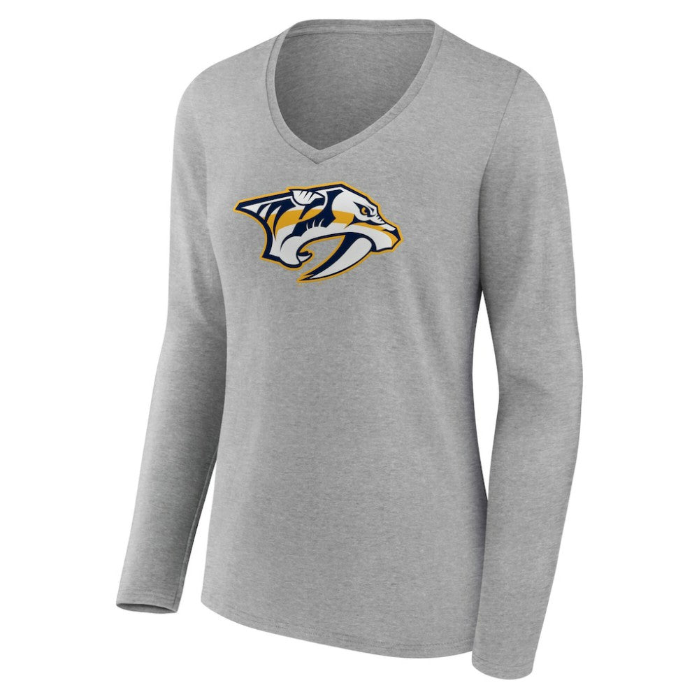NHL Gray Nashville Predators Women's Primary Logo Long Sleeve V-Neck T-Shirt