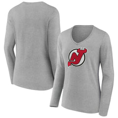 NHL Gray New Jersey Devils Women's Primary Logo Long Sleeve V-Neck T-Shirt