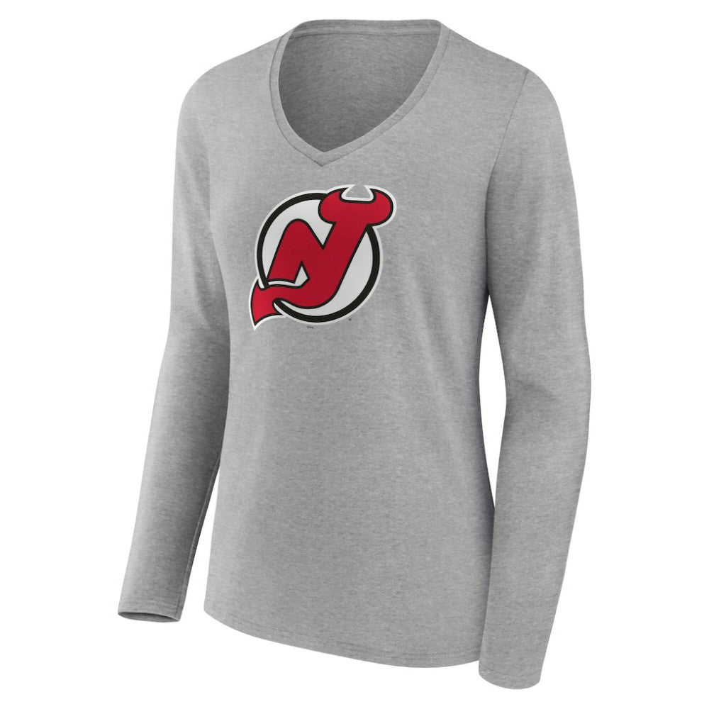 NHL Gray New Jersey Devils Women's Primary Logo Long Sleeve V-Neck T-Shirt