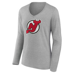 NHL Gray New Jersey Devils Women's Primary Logo Long Sleeve V-Neck T-Shirt