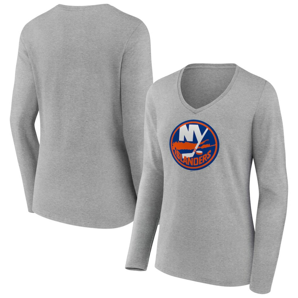 NHL Gray New York Islanders Women's Primary Logo Long Sleeve V-Neck T-Shirt