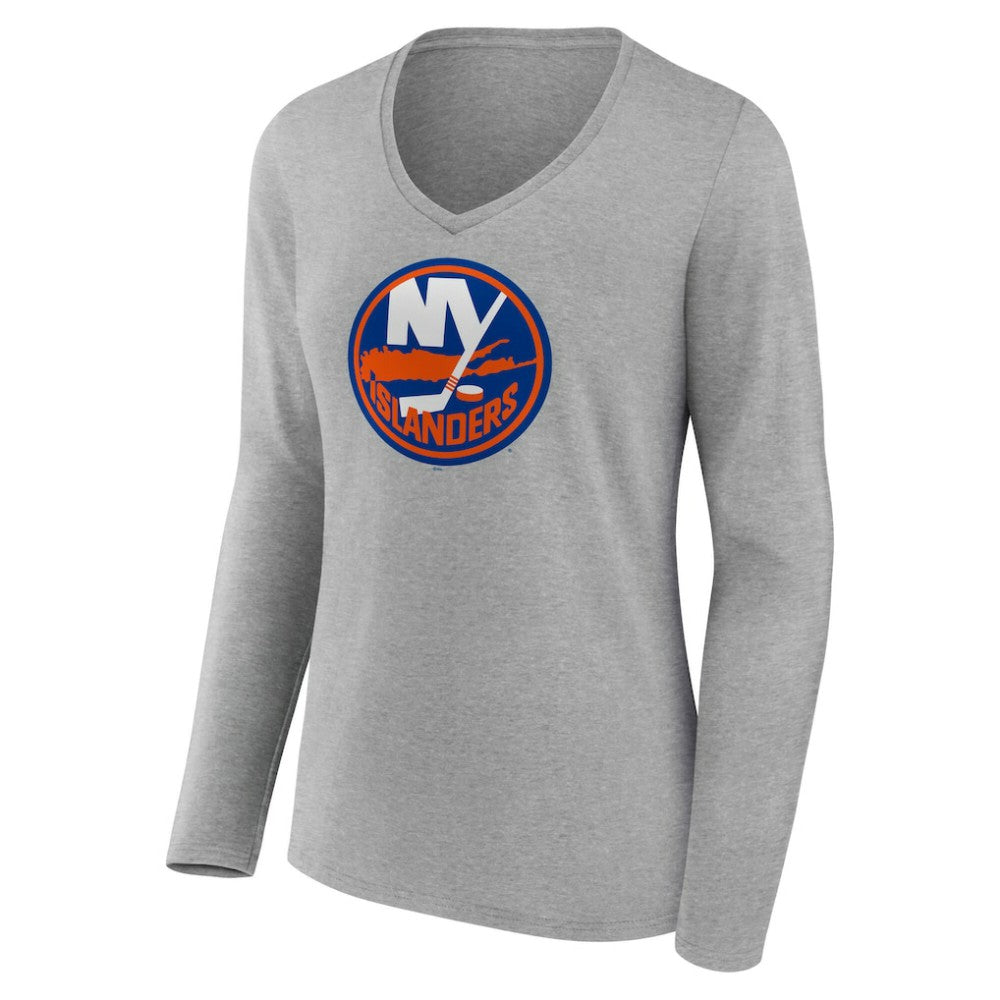NHL Gray New York Islanders Women's Primary Logo Long Sleeve V-Neck T-Shirt