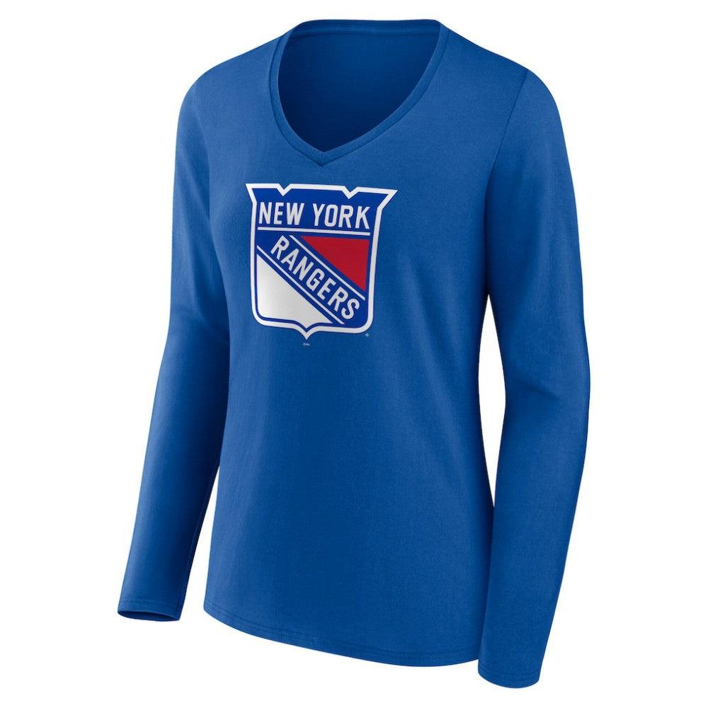 NHL Blue New York Rangers Women's Primary Logo Long Sleeve V-Neck T-Shirt