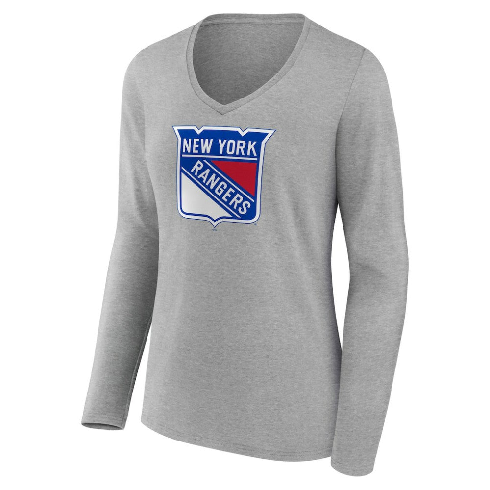 NHL Gray New York Rangers Women's Primary Logo Long Sleeve V-Neck T-Shirt