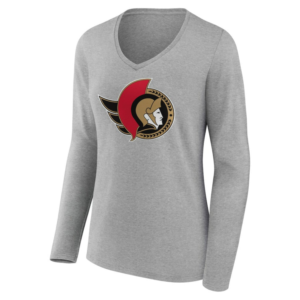 NHL Gray Ottawa Senators Women's Primary Logo Long Sleeve V-Neck T-Shirt