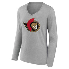 NHL Gray Ottawa Senators Women's Primary Logo Long Sleeve V-Neck T-Shirt