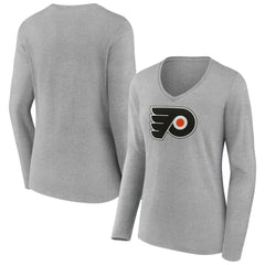NHL Gray Philadelphia Flyers Women's Primary Logo Long Sleeve V-Neck T-Shirt