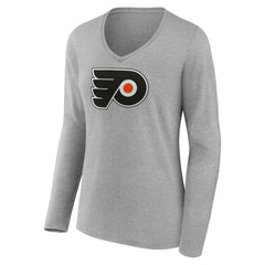 NHL Gray Philadelphia Flyers Women's Primary Logo Long Sleeve V-Neck T-Shirt