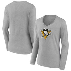 NHL Gray Pittsburgh Penguins Women's Primary Logo Long Sleeve V-Neck T-Shirt