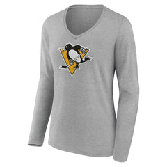 NHL Gray Pittsburgh Penguins Women's Primary Logo Long Sleeve V-Neck T-Shirt
