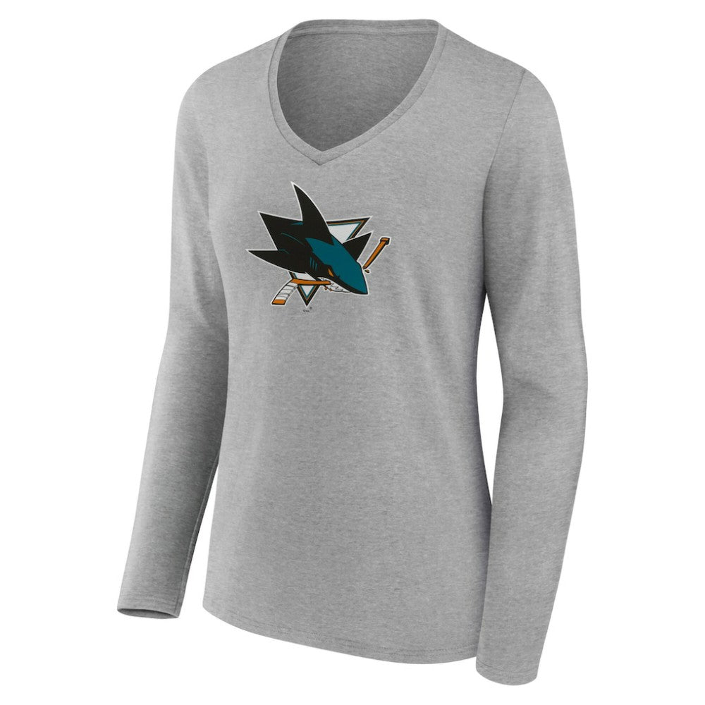 NHL Gray San Jose Sharks Women's Primary Logo Long Sleeve V-Neck T-Shirt