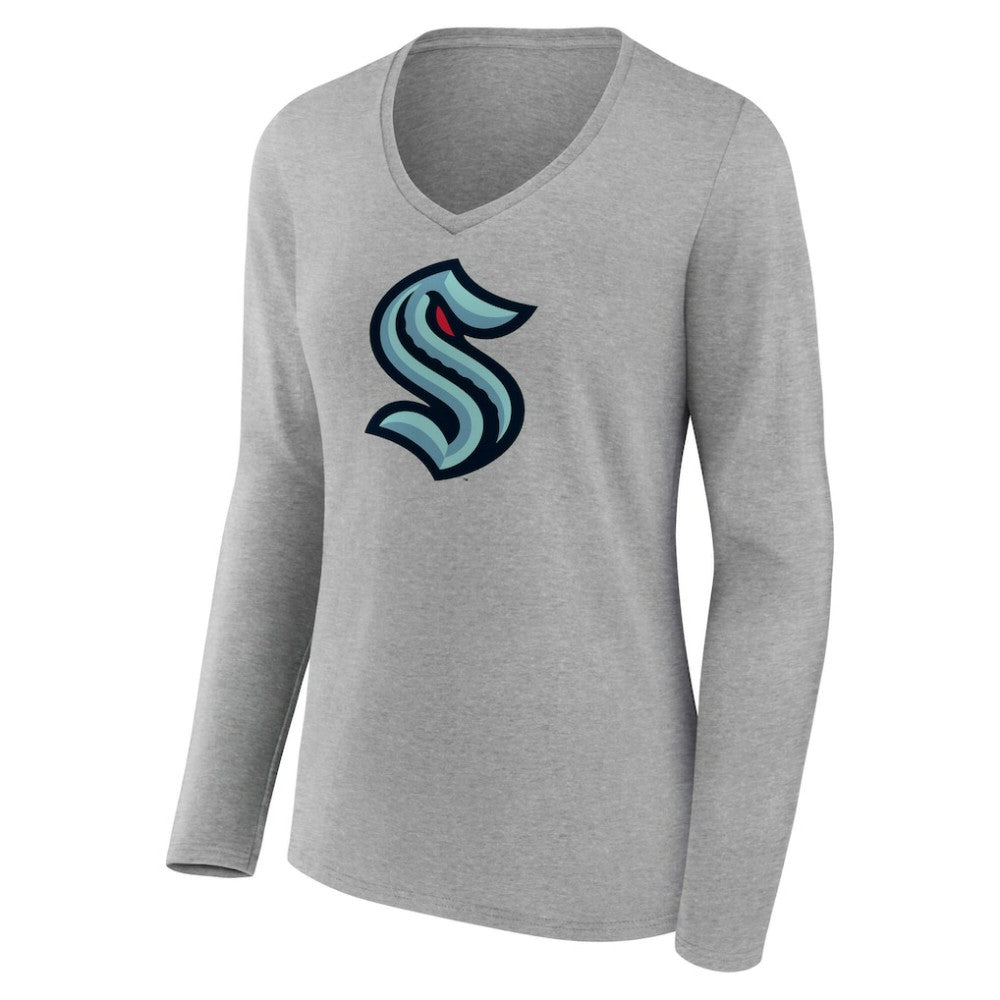 NHL Gray Seattle Kraken Women's Primary Logo Long Sleeve V-Neck T-Shirt