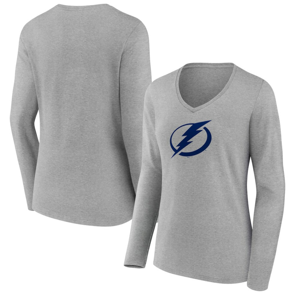 NHL Gray Tampa Bay Lightning Women's Primary Logo Long Sleeve V-Neck T-Shirt