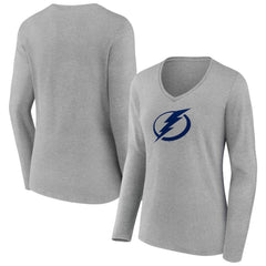 NHL Gray Tampa Bay Lightning Women's Primary Logo Long Sleeve V-Neck T-Shirt