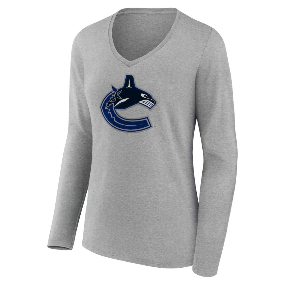 NHL Gray Vancouver Canucks Women's Primary Logo Long Sleeve V-Neck T-Shirt