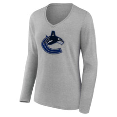 NHL Gray Vancouver Canucks Women's Primary Logo Long Sleeve V-Neck T-Shirt