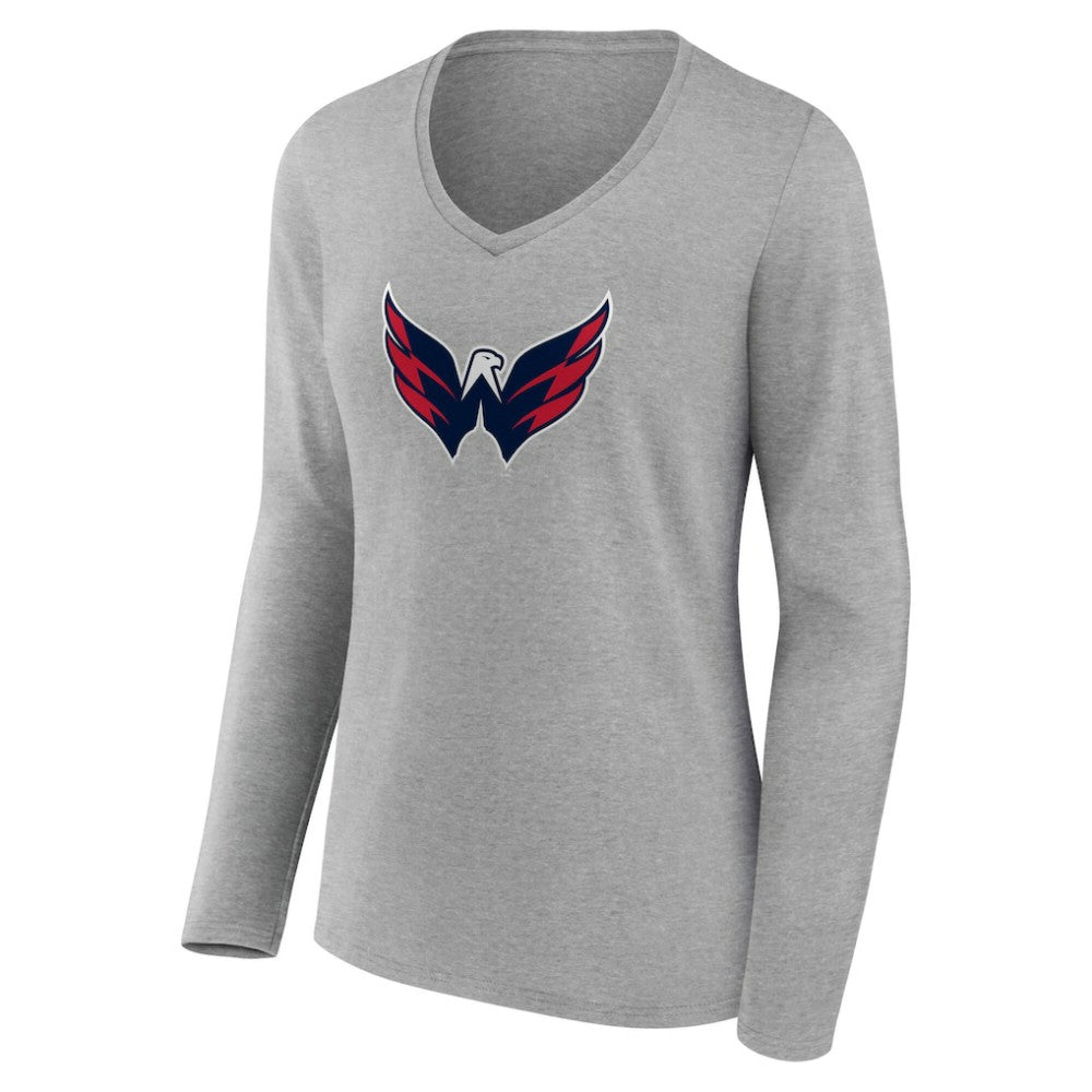 NHL Gray Washington Capitals Women's Primary Logo Long Sleeve V-Neck T-Shirt