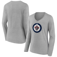 NHL Gray Winnipeg Jets Women's Primary Logo Long Sleeve V-Neck T-Shirt