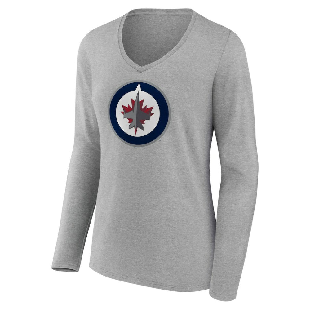 NHL Gray Winnipeg Jets Women's Primary Logo Long Sleeve V-Neck T-Shirt