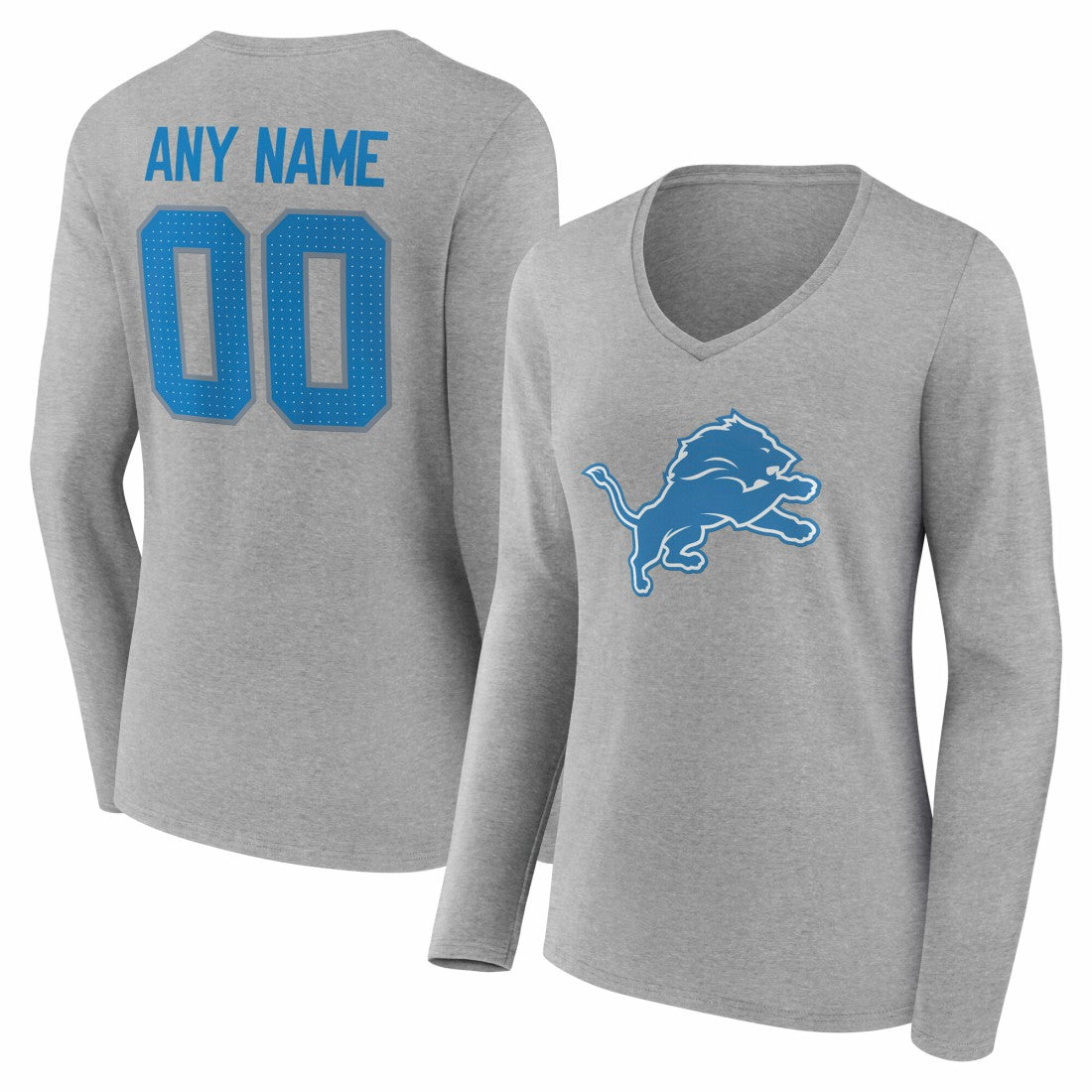 Women's Team Authentic Personalized Name & Number Long Sleeve V-Neck T-Shirt - Detroit Lions