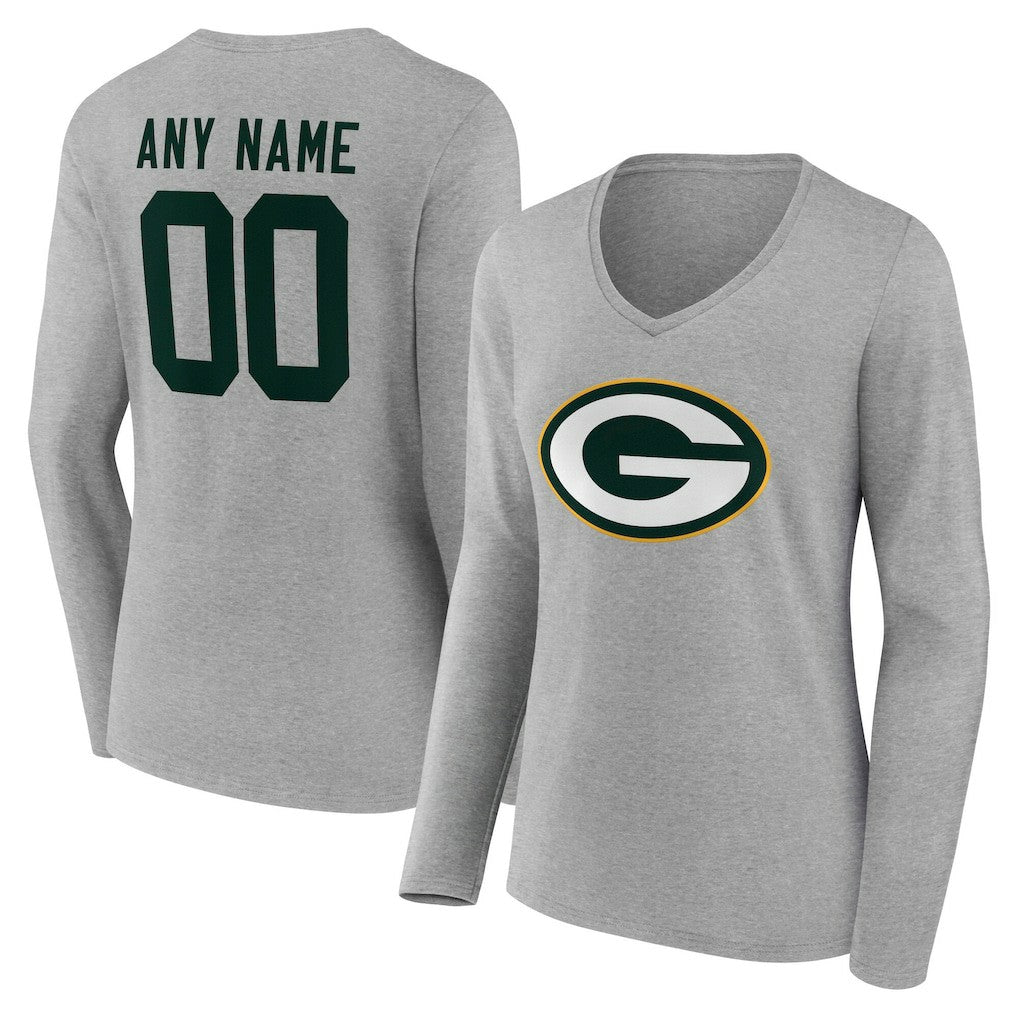 Women's Team Authentic Personalized Name & Number Long Sleeve V-Neck T-Shirt - Green Bay Packers
