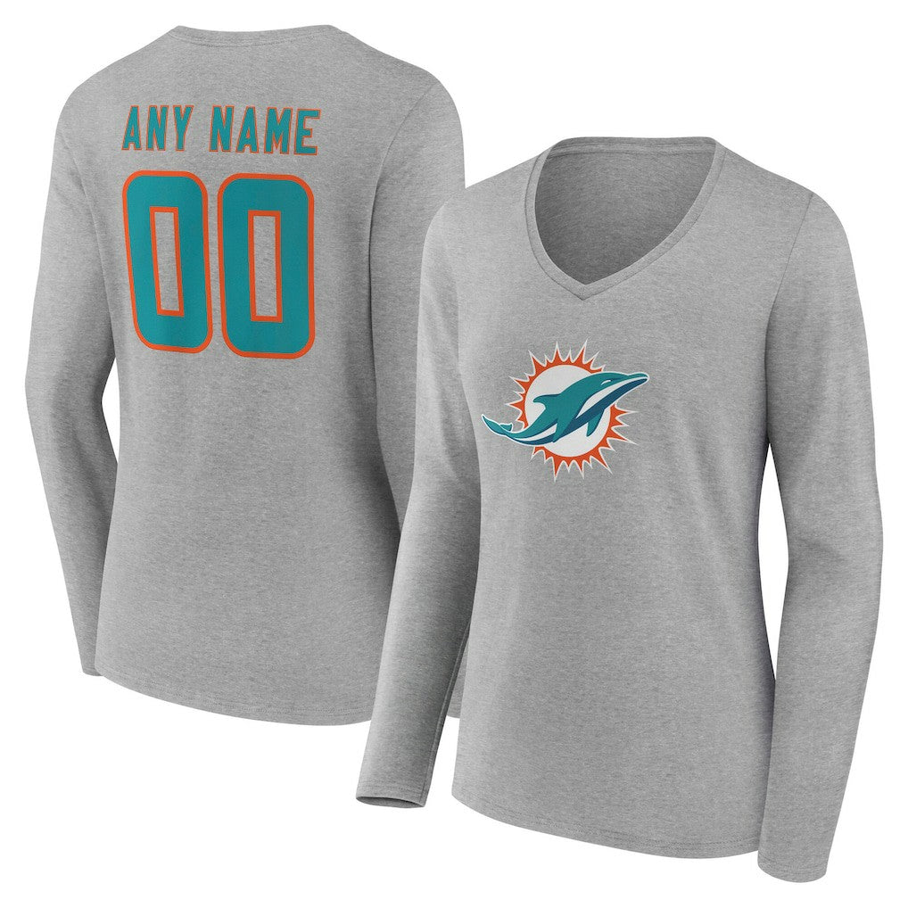 Women's Team Authentic Personalized Name & Number Long Sleeve V-Neck T-Shirt - Miami Dolphins